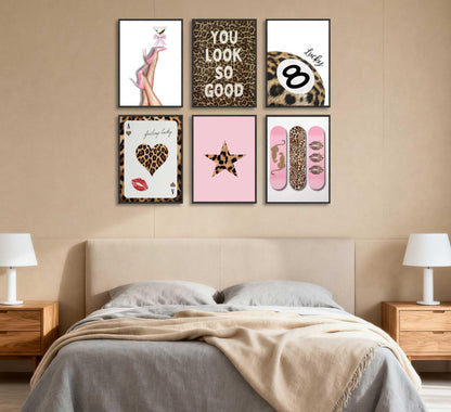 6Pcs Trendy Leopard Wall Art Funky Lucky 8 Ball Posters Prints Stylish Cheetah Room Canvas Wall Decor Preppy Aesthetic Ace Card Paintings Pictures for Girls Bedroom Apartment Dorm Unframed