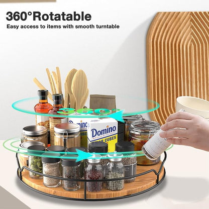 Lazy Susan Turntable Organizer with Anti-Slip Mat for Cabinet Pantry Kitchen Countertop Refrigerator Office, Pine Wood, 13", Carbonized Black