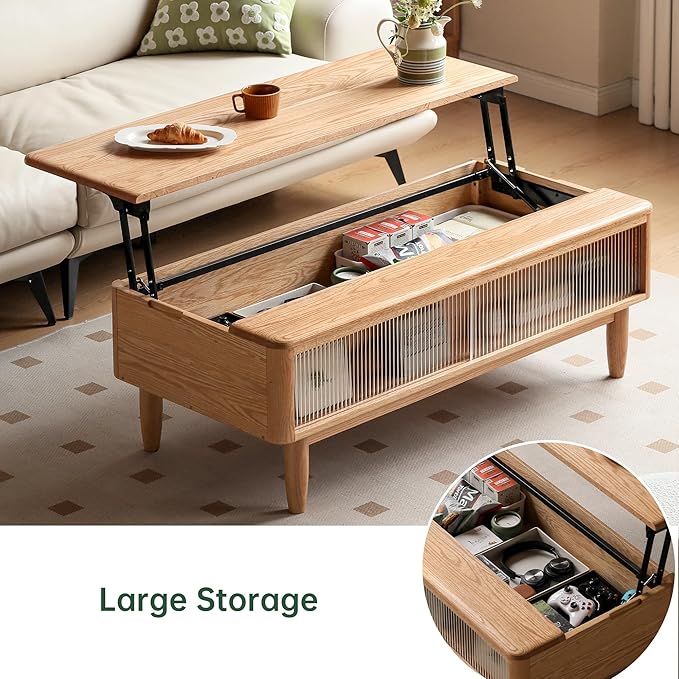 Wood Lift Top Coffee Table, 100% Solid Oak Wood Log Color Coffee Table with Glass Sliding Door, Rectangular Coffee Tables with Storage for Living Room Home Decor(47.24" W)