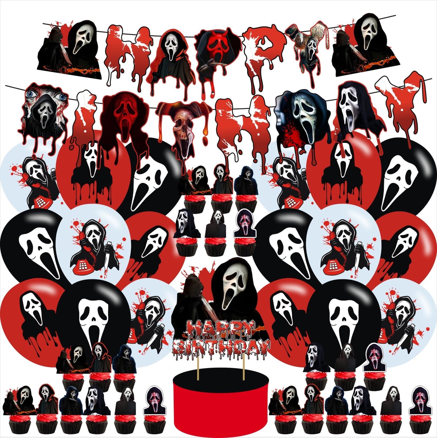 Scream Birthday Backdrop,Horror Movie Theme Party Decorations, Includes 18 Balloons, Cake Topper, 24 Cupcake Toppers
