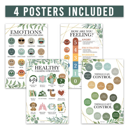 Hadley Designs Feelings Chart for Classroom Must Haves -Emotions Chart for Toddler Calm Down Corner Supplies,Feelings Wheel, Mental Health & Social Emotional Learning Posters, Greenery Classroom Decor