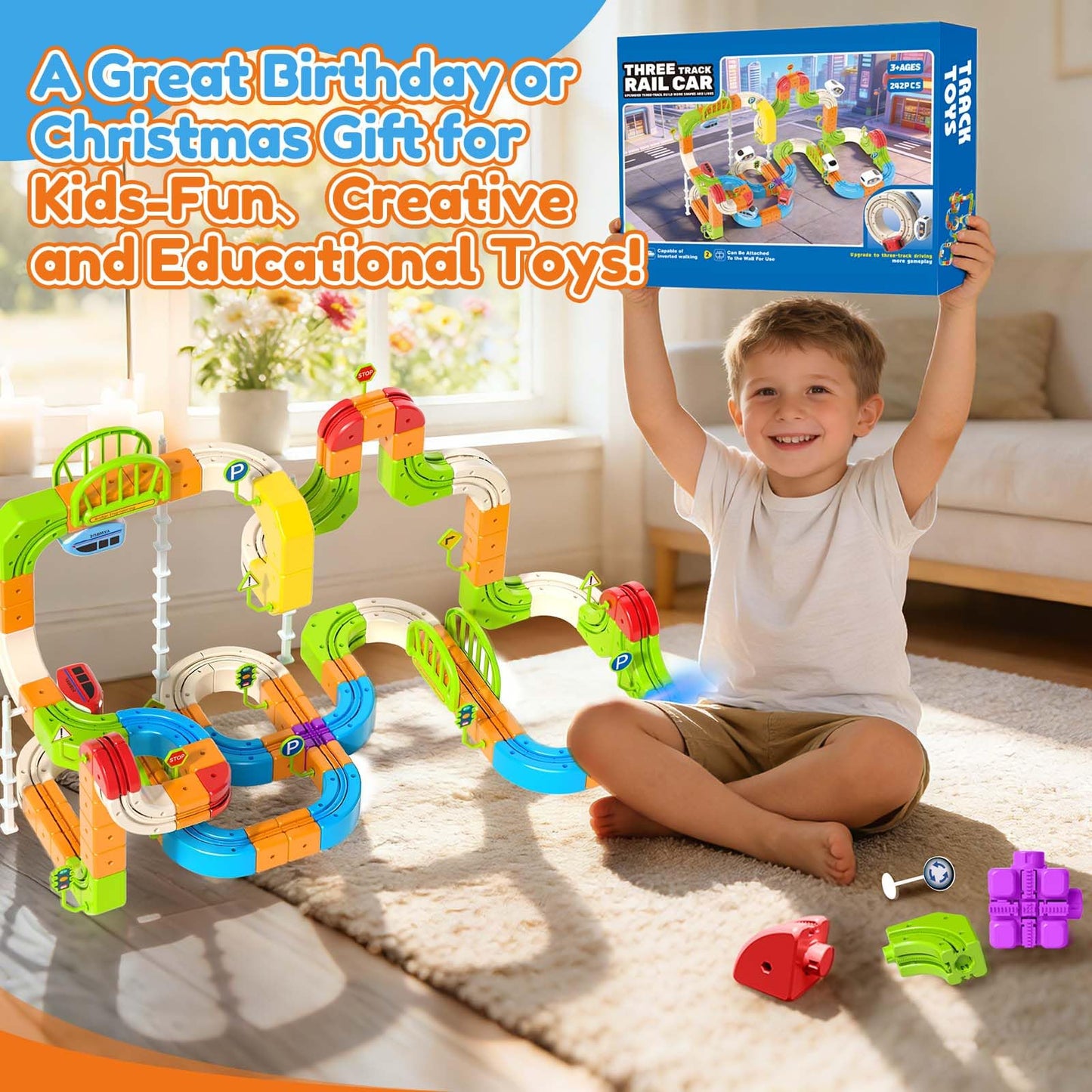 Electric Train Set for Kids Ages 3-8, 242Pcs 3D Flexible Race Track Toy, Gravity-Defying 360° Loop Building Set, STEM DIY Railroad Learning Toy Gift for Toddlers Boys Girls