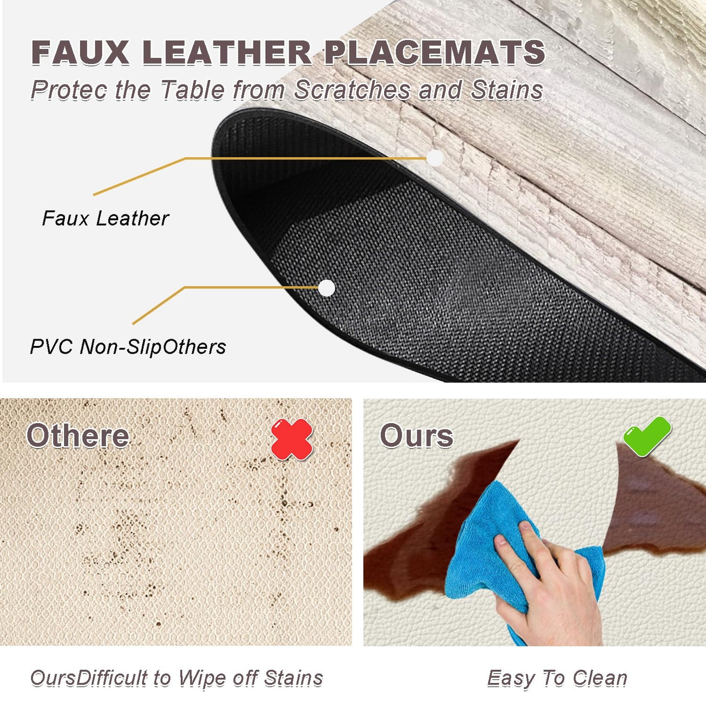 Farmhouse Placemats Set of 4 - Driftwood Faux Leather Heat Resistant Placemat for Dinner Table, Non-Slip Waterproof Oil-Proof Washable Reusable for Indoor Outdoor Kitchen Decor, 15.75In*11.81In