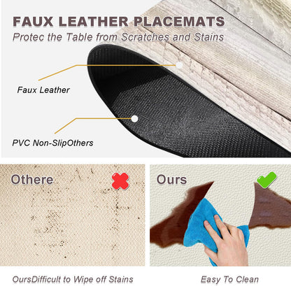 Farmhouse Placemats Set of 4 - Driftwood Faux Leather Heat Resistant Placemat for Dinner Table, Non-Slip Waterproof Oil-Proof Washable Reusable for Indoor Outdoor Kitchen Decor, 15.75In*11.81In