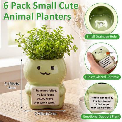 Ferrochef 6 Pack 2.95 Inch Cute Dinosaur Ceramic Succulent Planter Pots with Drainage Hole, Mini Inspirational Flower Planter Tiny Cactus Pot for Indoor Outdoor Plant, Encouragement Gift for Women Men