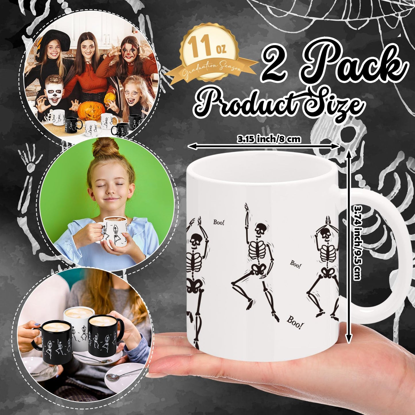 Sliner 6 Pcs Halloween Mugs Bulk 11oz Skull Coffee Mugs Skeleton Themed Designs, Cute and Spooky Coffee Cups for Fall Halloween Party Home Decorations