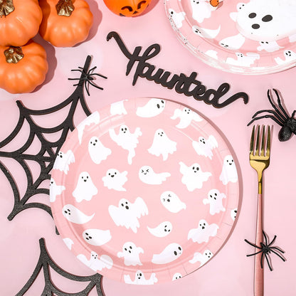 Whaline 40Pcs Halloween Paper Plates Pink Ghost Disposable Plates 9 Inch Cute Cartoon Ghost Decorative Round Plate for Halloween Summerween Party Birthday Baby Shower Table Decor