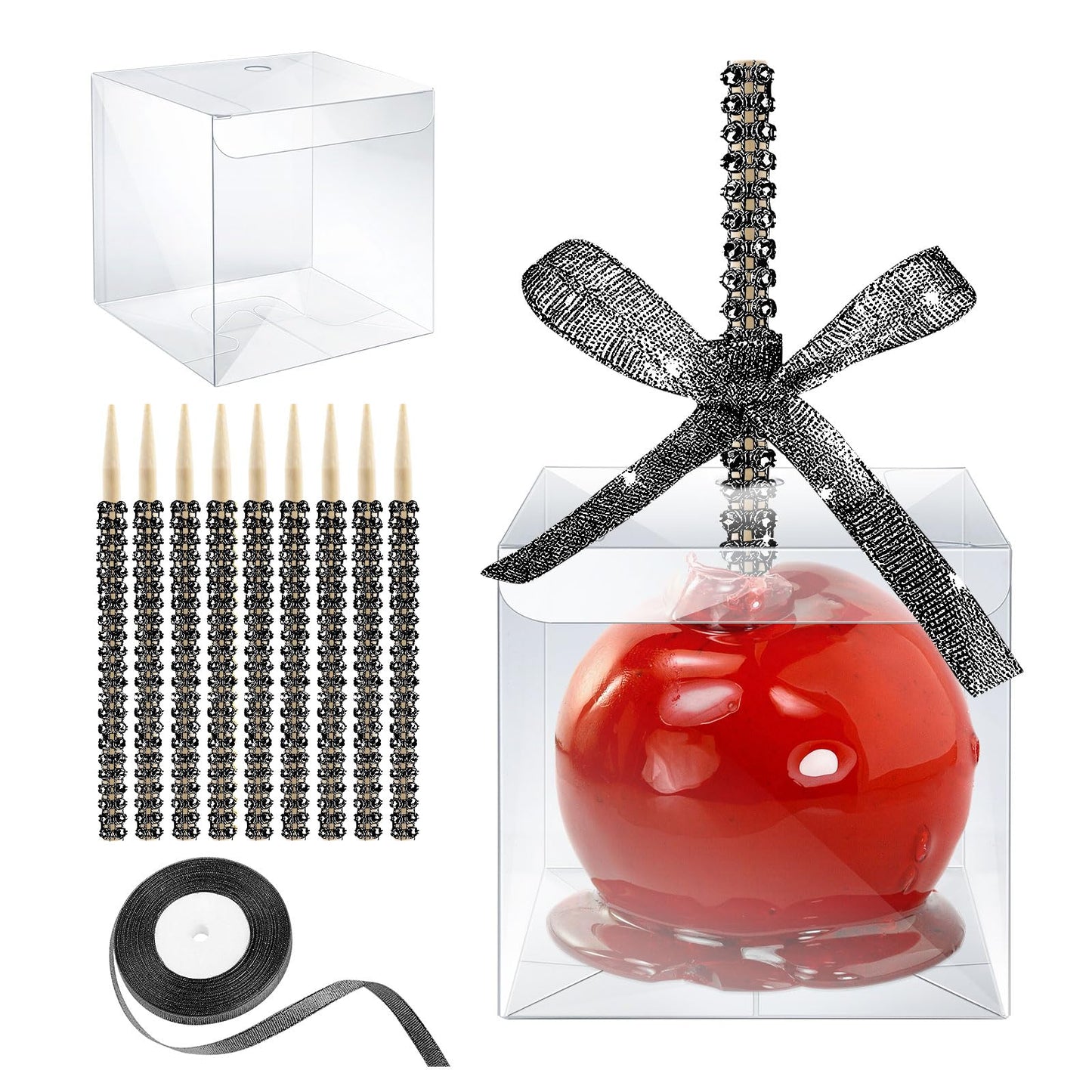 MGWOTH Candy Apple Boxes with Bling Stick Hole Set, 20 Pack Caramel Apple Wrapping Kit with Clear Containers & Rhinestone Bamboo Skewers & Glitter Ribbons, Top for Cake Pop Chocolate Treat Christmas