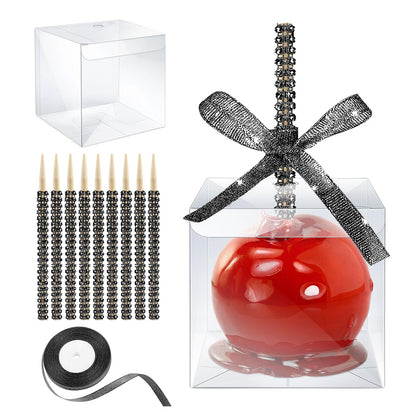 MGWOTH Candy Apple Boxes with Bling Stick Hole Set, 20 Pack Caramel Apple Wrapping Kit with Clear Containers & Rhinestone Bamboo Skewers & Glitter Ribbons, Top for Cake Pop Chocolate Treat Christmas
