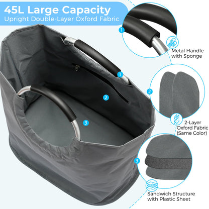 VICSKY Utility Tote Bag - Lightweight & Durable Beach/Pool Bag | Soft-Padded Metal Hoop Handle | Stand-Up Reusable Grocery Tote for Shopping/Farmers Market/Picnic/Dog Walking (45L, Grey)