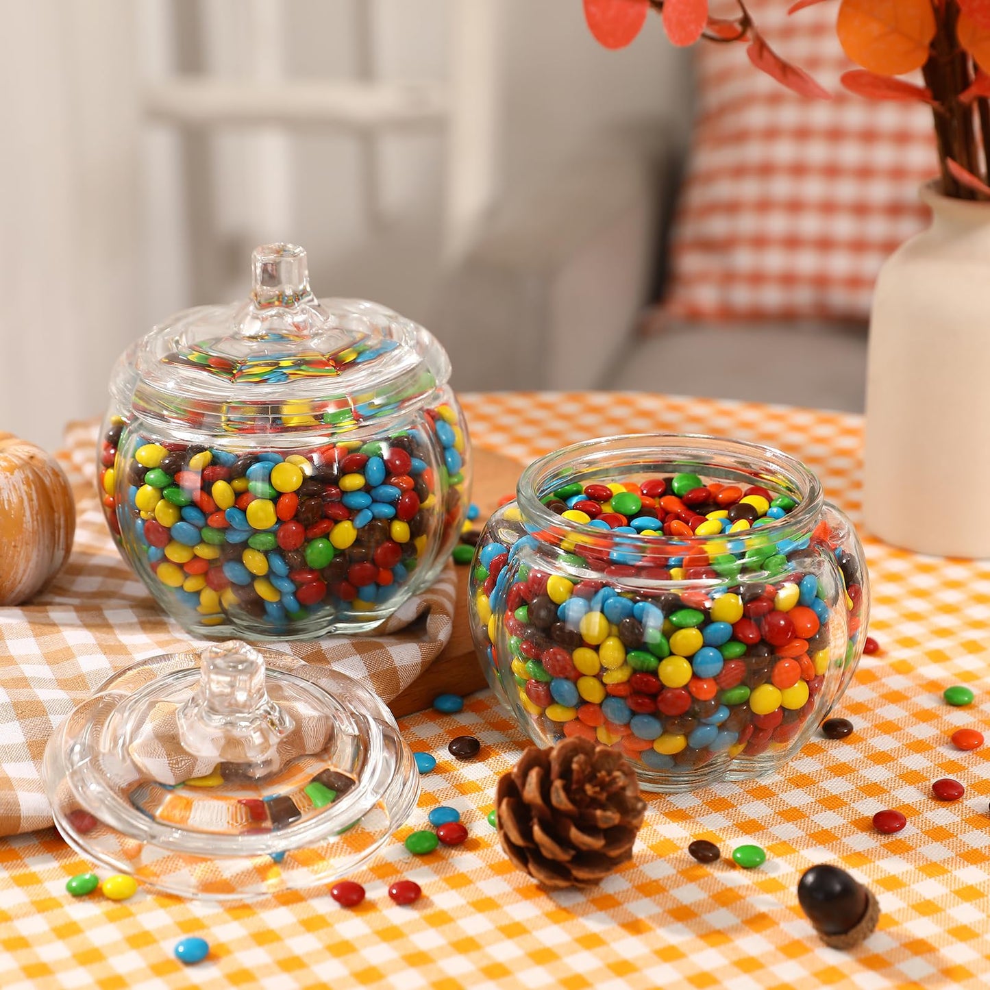 FunouHome Halloween Decorations-2 PCS Glass Pumpkin Jars with Lid-Halloween Candy Storage for Home Fall Thanksgiving Halloween Party Centerpieces Decor