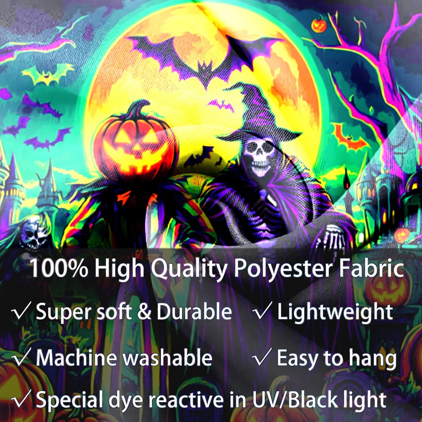 BSFHH Black Light Tapestry – UV Reactive Glow in the Dark Wall Hanging, Spooky Night Scene with Ghosts & Pumpkins, Haunting Home Decor for Parties, Bedroom, or Dorm (Witches & Bats, 90L" x 70W", Unframed)