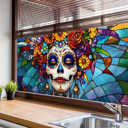 HOMETITUTE Day of The Dead Window Film 39.3x17.7 Inch Sugar Skull Cling Dia de Los Muertos Gothic Halloween Window Sticker for Glass Decor Calavera Removable Window Art for Home Office