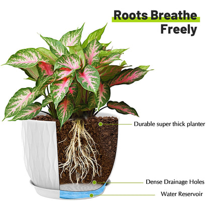LESOASIS Plastic Plant Pots 10/9/8/7.5/7 inch Set of 5, Flower Planters with Drainage Holes and Saucers, Plastic Pots for Indoor Outdoor Plants, Livingroom Garden Decor (White)