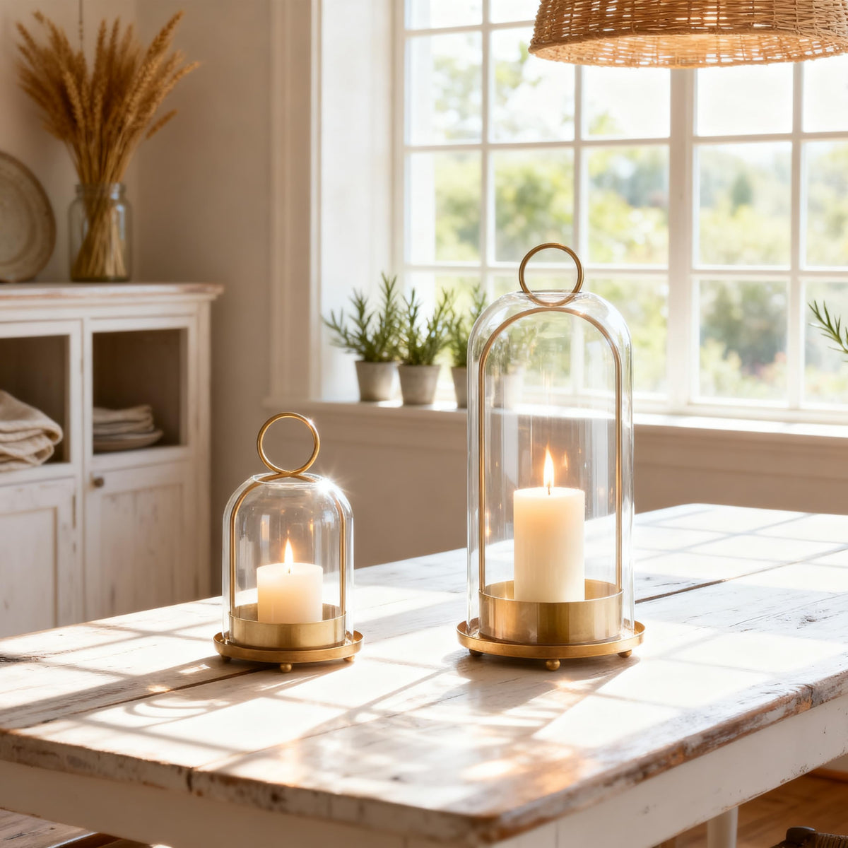 ECLSDL Hurricane Glass Candle Holders for Pillar Candles Set of 2 (5" & 4" Wide), Gold Metal Candlestick Holders, Modern Decorative Centerpiece Lanterns for Table Mantel Wedding Housewarming Gift