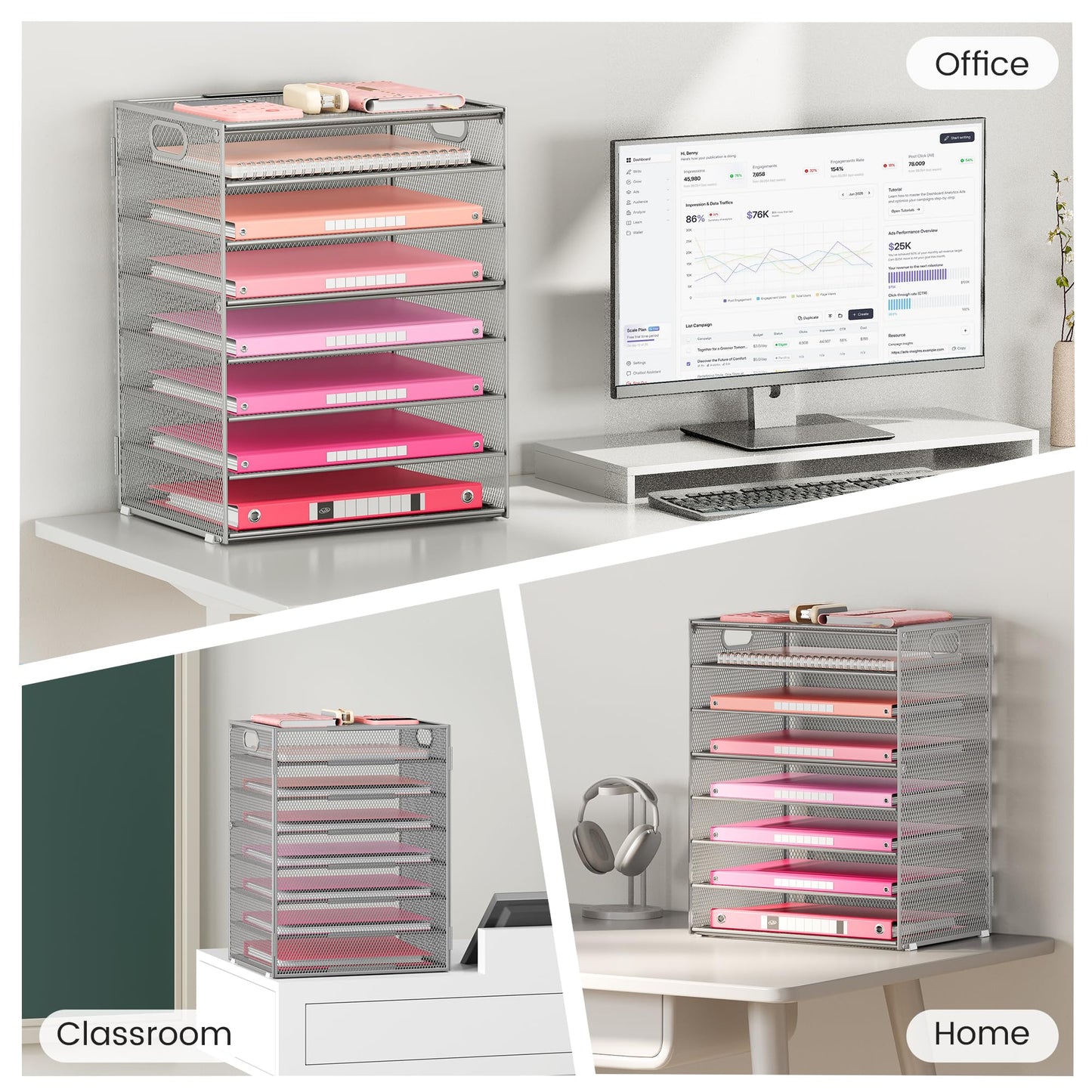 Lavatino 2 Pack 8-Tier Office Desk File Organizer, Letter Tray Paper Organizer with Handle, Including 5 Adjustable Slide Trays for Organizing Desk Workspace Accessories and Supplies (Silver Mesh)