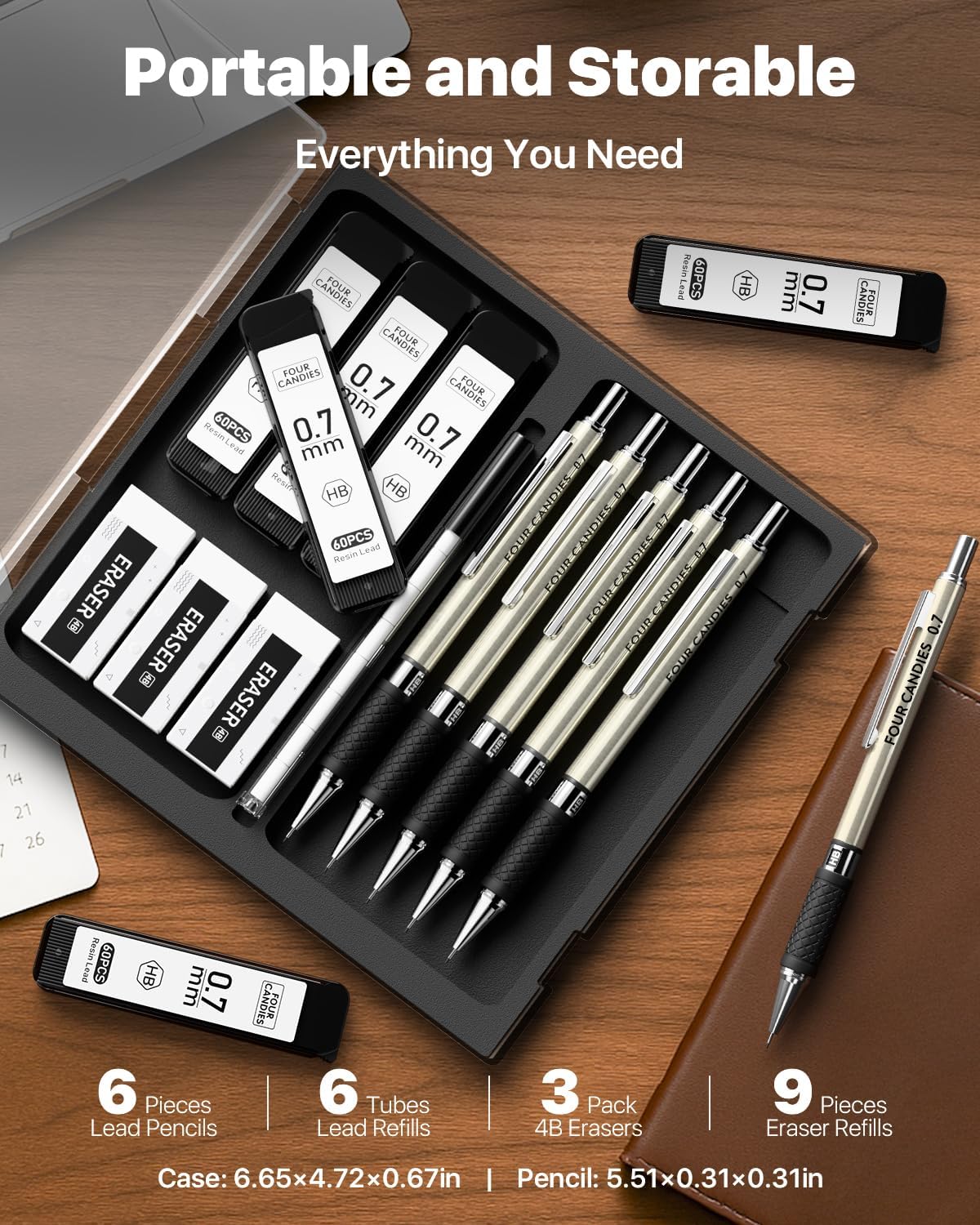 Four Candies Metal Mechanical Pencil Set - 6PCS 0.7mm Art Mechanical Pencils & 360PCS HB Lead Refills & 3PCS Erasers & 9PCS Eraser Refills, Drawing Mechanical Pencils for Writing, Sketching/With Case