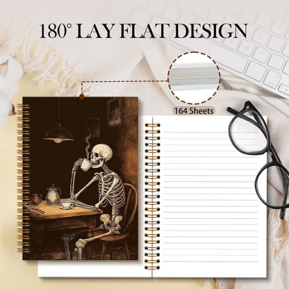 OINDADE Gothic Halloween Skeleton Notebook Journal, Funny Coffee Lover Gifts Spiral Notebook, Spooky Skull Drink Coffee Notebooks Gifts for CoffeeLovers Men Women, Goth School Office Supplies,6x8.2In