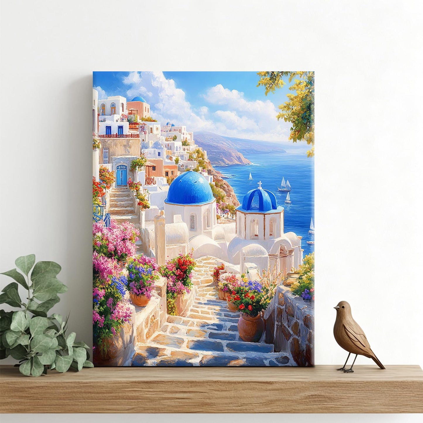 Greek wall art, Greece Santorini Pictures Wall Decor, Ocean Canvas Prints Painting, Framed Beach Artwork for Bathroom Bedroom Living Room Kitchen Dinning Room Office Home Decoration 12x16