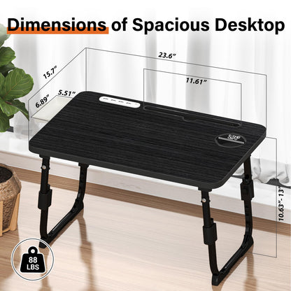 Lap Desk for Bed, Adjustable Laptop Desk with USB Charging Port, Storage Drawer & Bookshelf — Foldable Bed Desk for WFH & Students, 23.6" Desktop Fits 17" Laptop, Non-Slip, Black