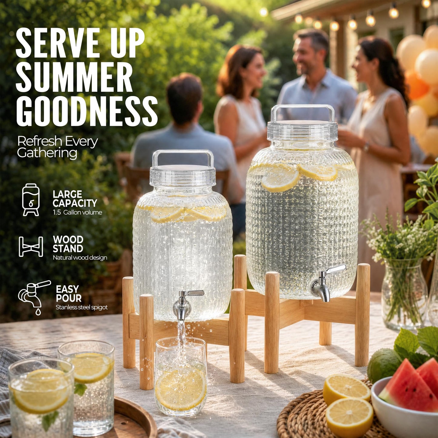EGGKITPO 2 Pack 1.5 Gallon Drink Dispensers for Parties Hosting Wedding Beverage Dispenser with Wood Stand and Spigot, BPA-Free Polycarbonate Lemonade Container for Halloween Home Buffet Iced Tea