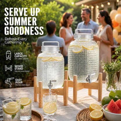 EGGKITPO 2 Pack 1.5 Gallon Drink Dispensers for Parties Hosting Wedding Beverage Dispenser with Wood Stand and Spigot, BPA-Free Polycarbonate Lemonade Container for Halloween Home Buffet Iced Tea