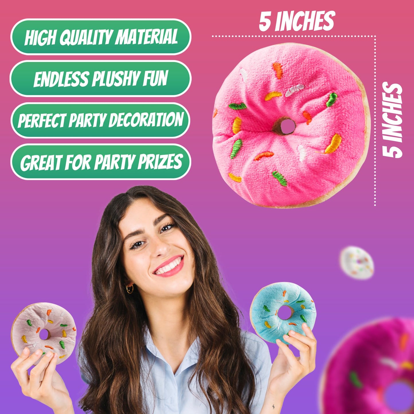 Bedwina Plush Donuts with Sprinkles - (Pack of 24) 1 Dozen Stuffed Donut Toy Party Favors, Donut Party Supplies Decorations for Kids