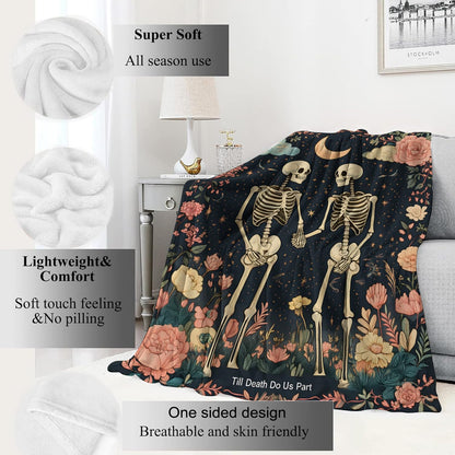 VODRM Gothic Skull Blanket Skeleton Romantic Throw Blankets with Flowers & Crescent Moon,Birthday Gifts for Kids Adult,Lightweight Soft Fleece,for Sofa Couch Bed Room Goth Halloween Decor 50x60in