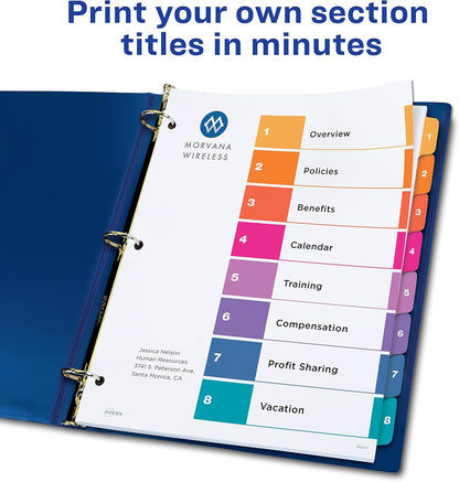 Avery 10-Tab Dividers for 3 Ring Binders, Customizable Table of Contents, Multicolor Tabs, 24 Sets (11169) & 8-Tab Dividers for 3 Ring Binders, Customizable Table of Contents, Multicolor Tabs