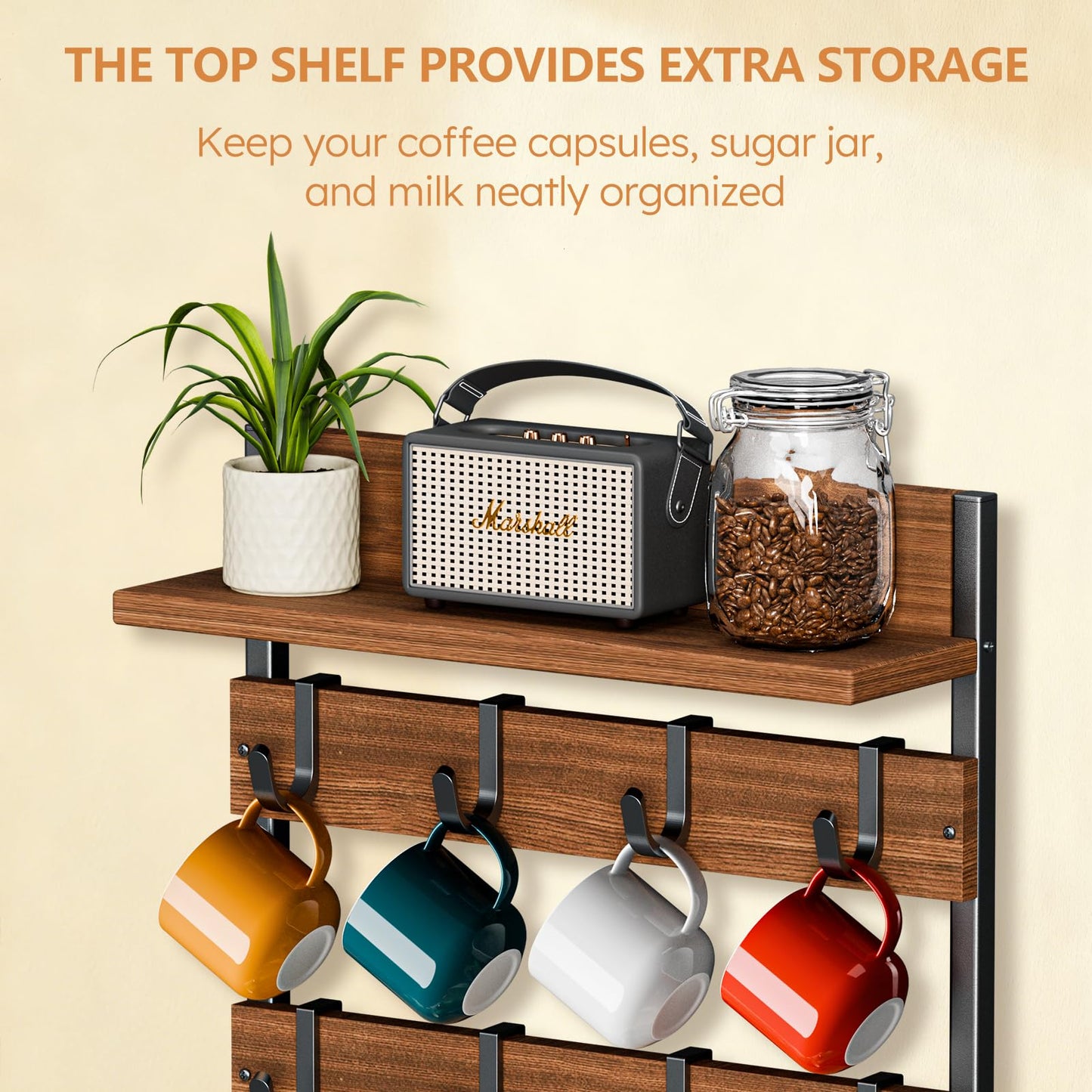 Dhmkfly 2-in-1 Coffee Cup Holder Wall Mounted, 4-Tier Coffee Mug Holder Wall Mount with 16 Adjustable Hooks and Display Shelf, Wooden Mug Rack Hanger Organizer for Home Kitchen Display and Collection