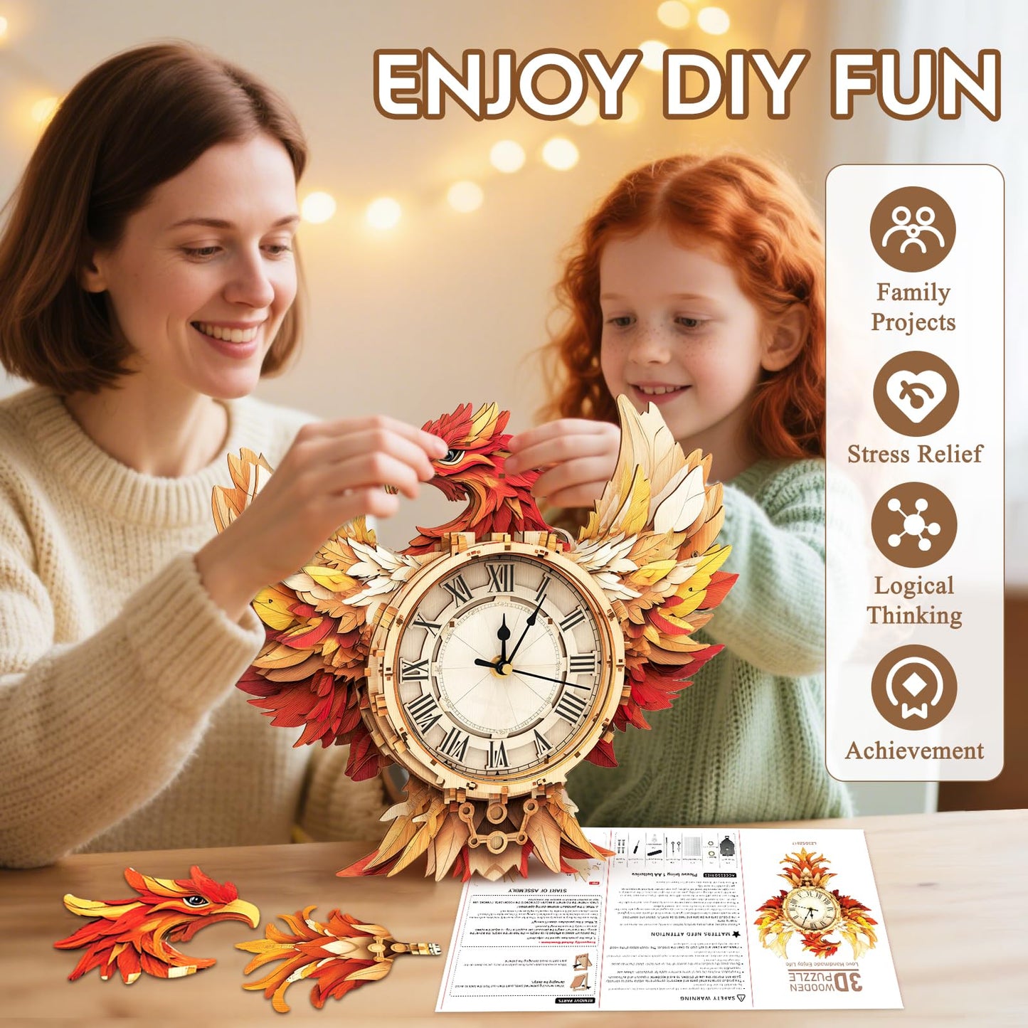 Cutywood 3D Puzzles for Adults Clock-Phoenix Design Model Kit-Mechanical DIY Pendulum Clock with Roman Numerals-Desk Home Office Decor Personalized Gift for DIY Lovers
