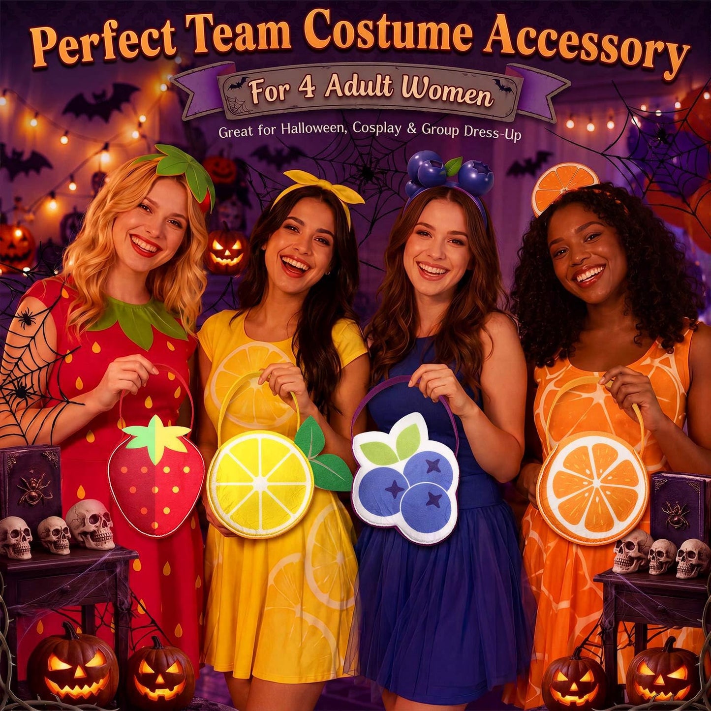 Cosblank 4 Pcs Halloween Fruit Inspired Treat Bags Orange Lemon Strawberry Blueberry Trick or Treat Bags Fruit Handbags for Group Costumes Party Favors and Home Decor