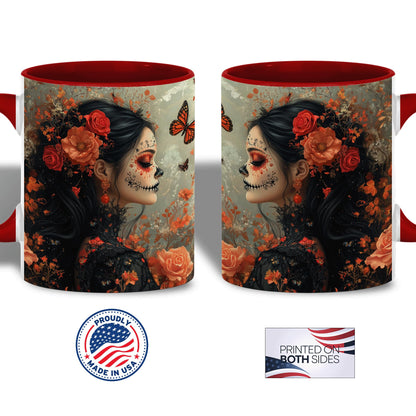 ANOVRA Day of the Dead Lady Mug, Dia de los Muertos Coffee Mug with Orange Rose Face Paint, Gothic Mexican Art Ceramic Cup, Gift for Halloween, Her, Friends, Celebration, 11oz