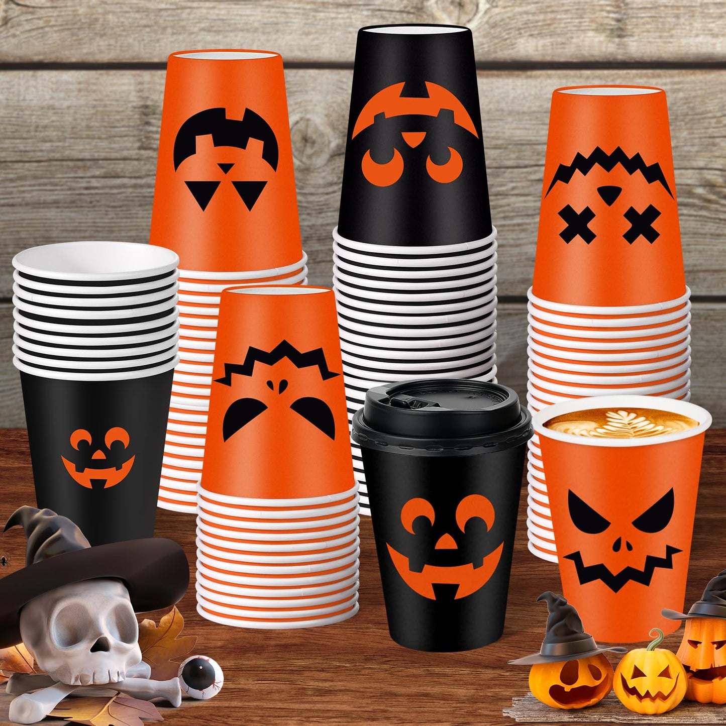 Hauwellter 100 Set Halloween Disposable Coffee Cups with Lids 12oz, Bulk Black Orange Pumpkin Disposable Party Paper Cups for Hot Chocolate Cold Drinks Halloween Birthday Party Supplies Decorations