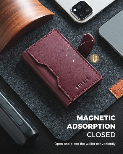 VULKIT Slim Bifold Pop up Wallet Minimalist Leather Card Holder RFID Blocking Metal Card Case with ID Window for Women(Wine)