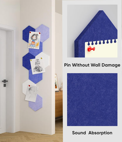Toptople 12 Inch Large Hexagon Cork Board for Walls, 8 Pack Felt Bulletin Board Tiles, Pin Board with Push Pins for Office Photo and Note, Denim Blue