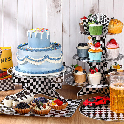 Zopeal 7 Pieces Racing Car Theme Cupcake Stand Set 3-Tier Cardboard Cupcake Display 1-Tier Cake Stand Round Dessert Display Rectangle Serving Tray Reusable Platters for Birthday Party