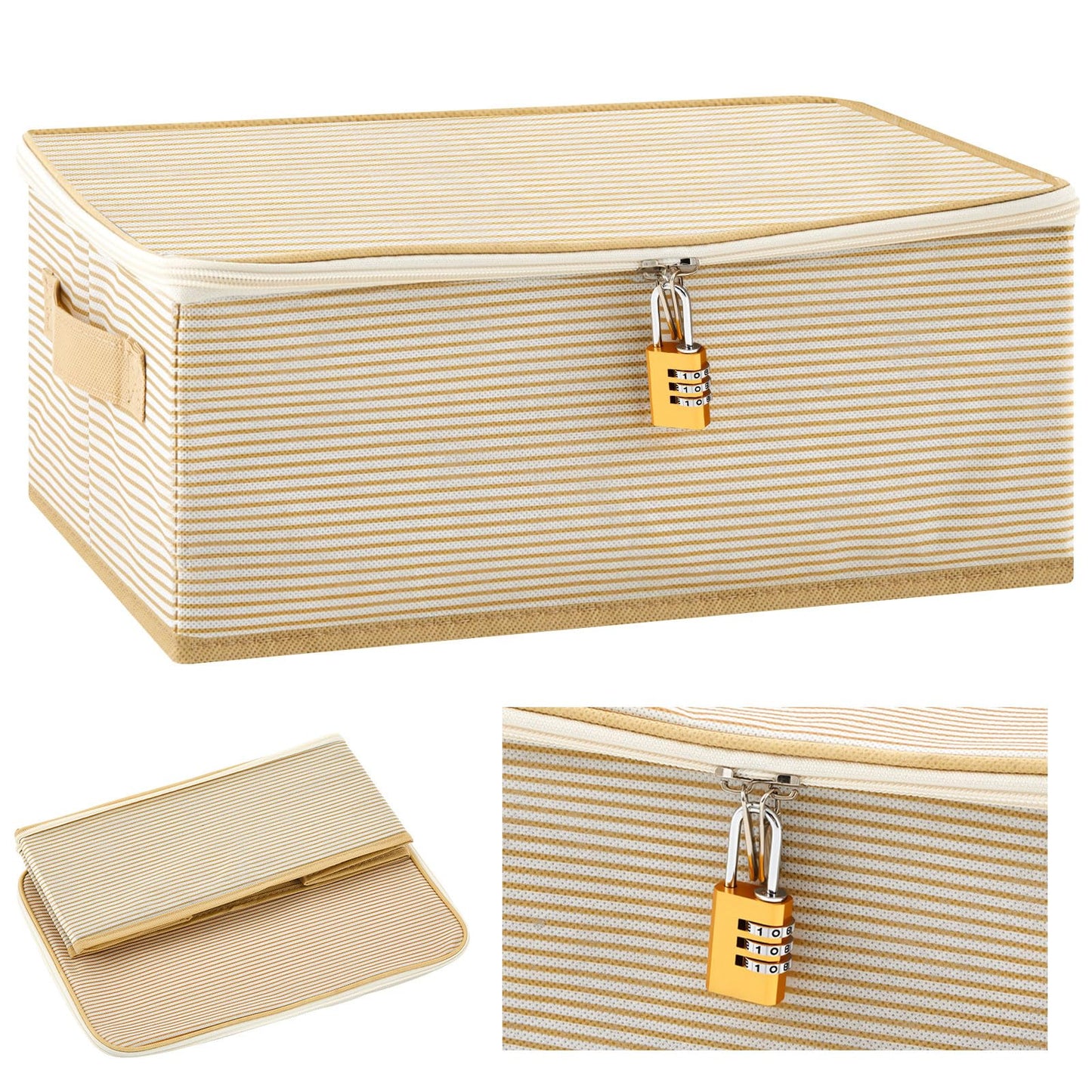 Briwooody Discreet Lockable Toy Bag Storage Organizer Toy Bag Storage Bins Case with Zipper Lid 15 x 10 x 5.9 Inches for Women and Men Clothes Container(Gold Stripes)
