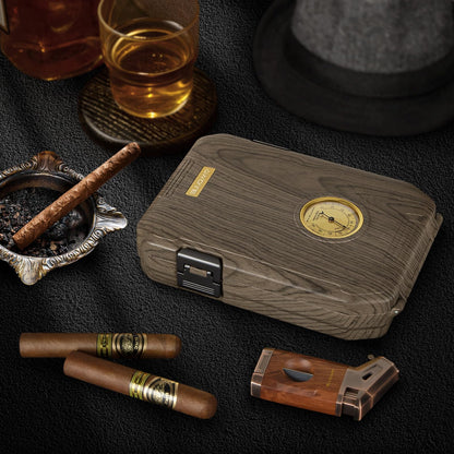 AWOTE Travel Cigar Humidor Case - Cedar Lined, V Cut Cutter, Portable Humidor with Humidifier & Hygrometer, Holds 7-9 Cigars, Includes Lighter - Gift Set