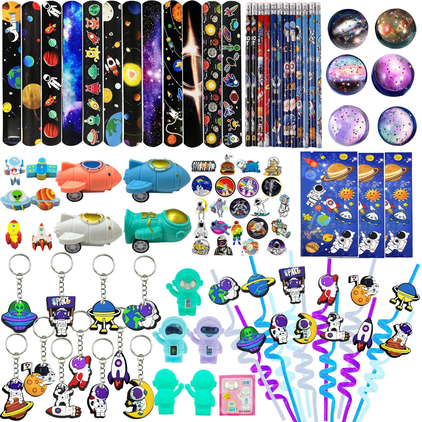 QZYCMHOO 152PCS Space Party Favors Set, Outer Space Birthday Decorations Including Slap Bracelets, Keychains, Gift Bags, DIY Stickers, Drinking Straws, Alien Birthday Supplies