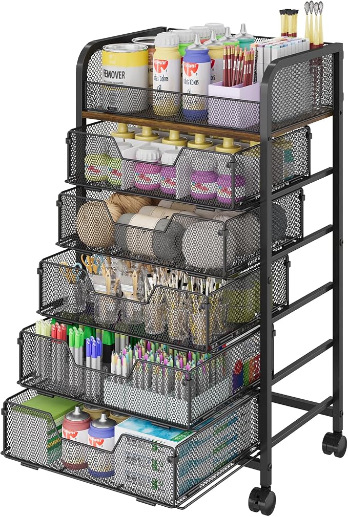 Yociyoga 6-Tier Craft Cart with Wheels-Rolling Storage Cart with Drawers,Rolling Utility Cart with DIY Divider,Art Supply Organizer Cart,Rolling Cart with Drawers,Craft Organizers and Storage,Black