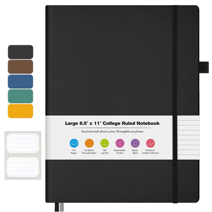 College Ruled Notebook, A4 Softcover Leather Notebook for Work, Lined Notebook Journal for Women, Men, 192 Thick Paper, Lay Flat, Large Notebook with 2 Pockets, Professional Business Notebook, Black