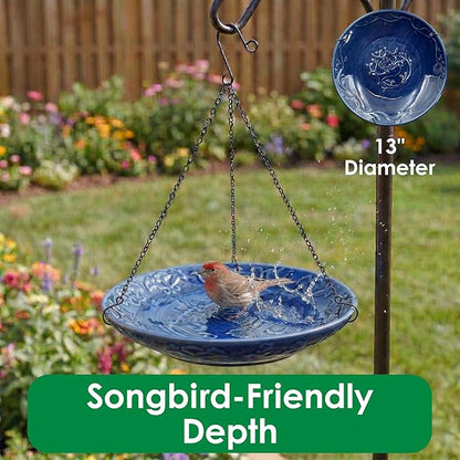 Blue Ceramic Bird Bath Bowl - Hanging Bird Baths for Outdoors - 12-Inch Glazed Ceramic Bowl with Embossed Bluebird & Flower Design - Metal Chain & Hook