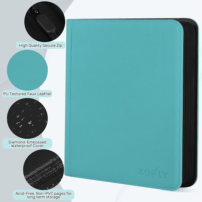 12 Pocket Card Binder, Zipper Trading Card Binder, 720 Large Capacity Side Loading Non-Ring Card Album, Double Sided Acid-Free Card Protector Binder, Card Collection for TCG, MTG, Sport Card, Teal