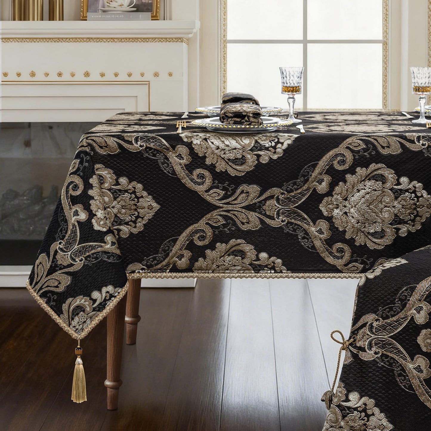 Loom and Mill Black Tablecloth 60 x 120 Inches, Classic Jacquard Rectangle Table Cover with Handmade Tassels for Halloween Dining Room Banquet Decorations (Black, 60"x120")