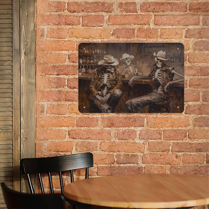 Metal Sign Poster 8x12 Inch Wild West Skeleton Cowboy in A Bar Oil Painting Print Western Wall Art Road Trip Gift Southwestern Cowboy Art Decor