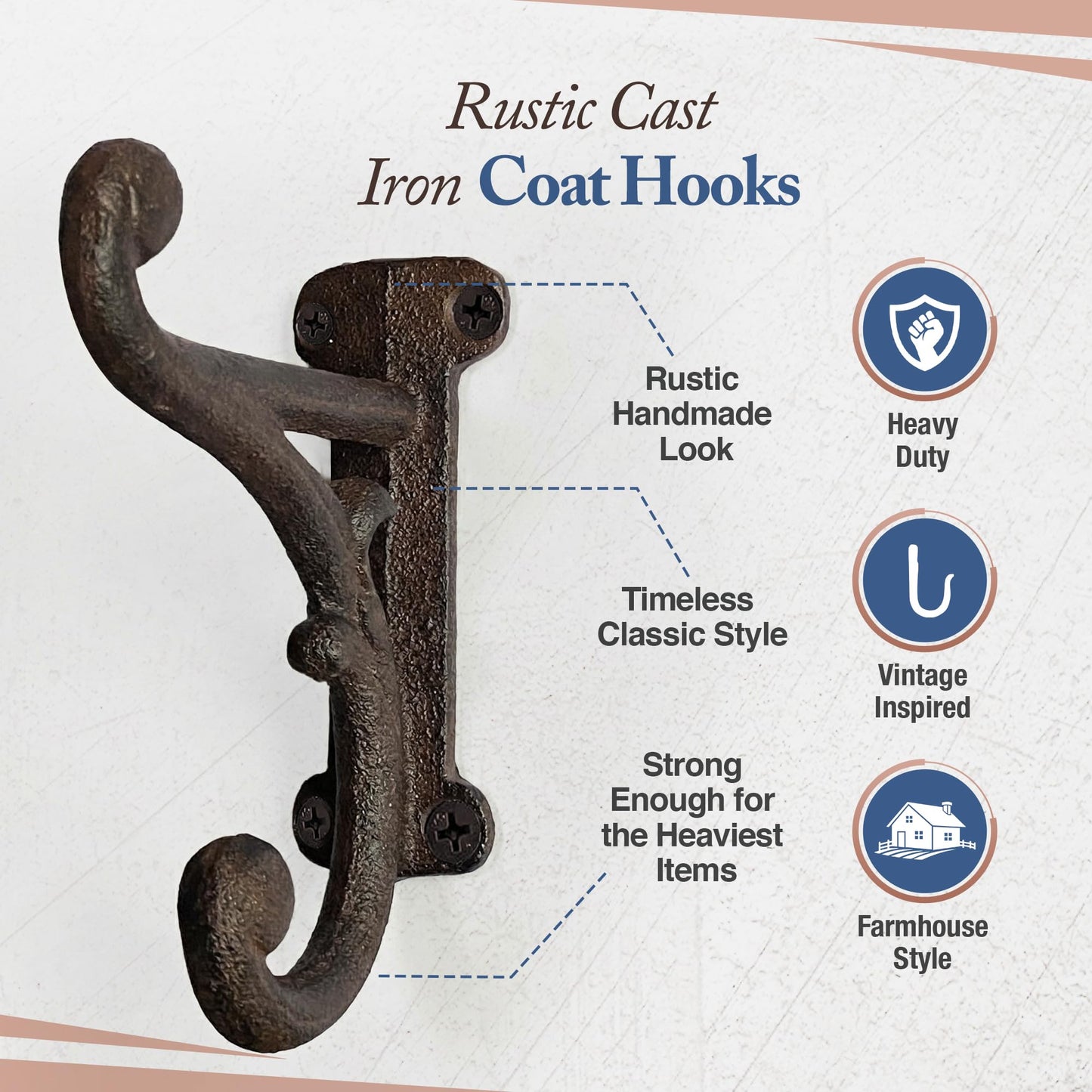 Rustic Cast Iron Coat Hooks (3 Pack) Rustic Dark Brown, Wall Mounted, Farmhouse Decorative, Heavy Duty Wall Hooks for Hanging Coats, Hats, Towels (Mounting Hardware Included)