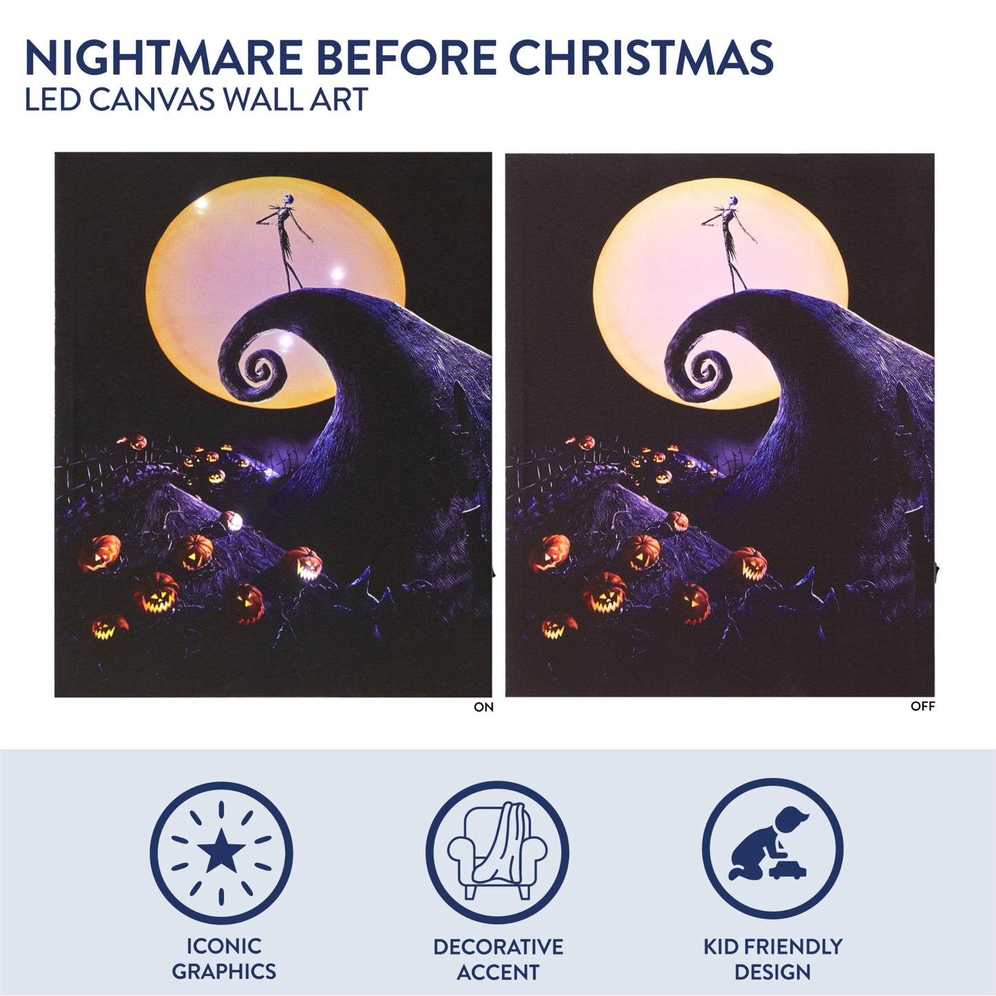 Nightmare Before Christmas LED Light Up Canvas Wall Art featuring Jack Skellington, 11"W x 14"H