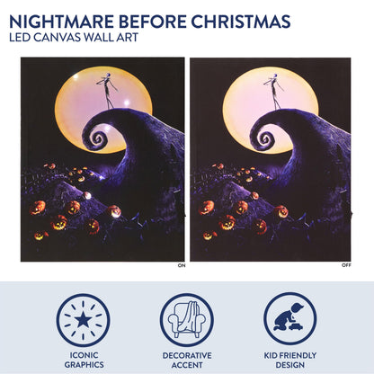 Nightmare Before Christmas LED Light Up Canvas Wall Art featuring Jack Skellington, 11"W x 14"H