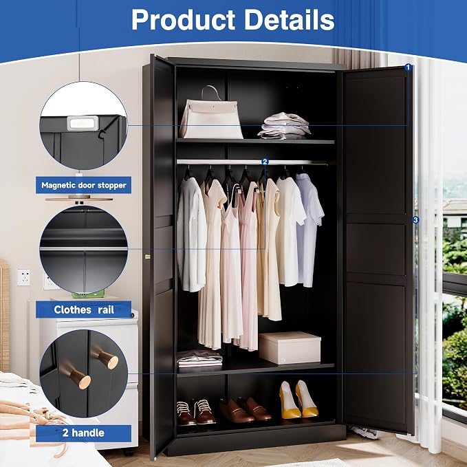 BYNSOE Metal Armoire Wardrobe Closet with 2 Doors 72'' Wardrobe Cabinet with Hanging Rail Metal Closet with Adjustable Shelves for Bedroom Require Assembly (Black, 72inch)
